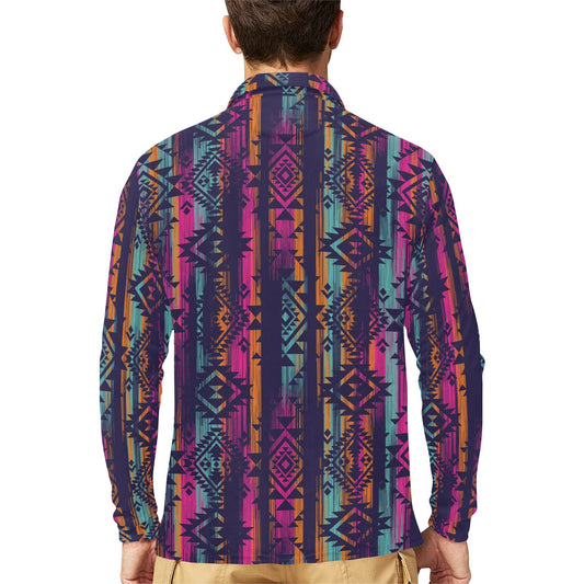 Line Tribal Aztec Long Sleeve Polo Shirt For Men's