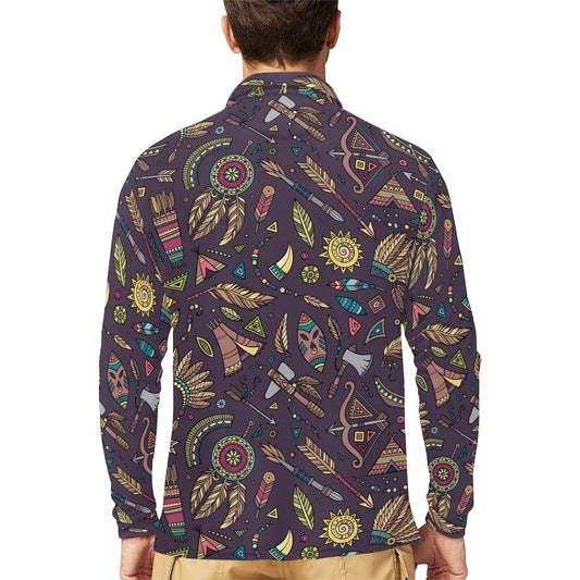 Tribal native american Aztec Long Sleeve Polo Shirt For Men's