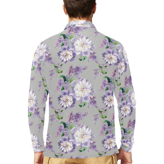 Lilac Pattern Print Design LI07 Long Sleeve Polo Shirt For Men's