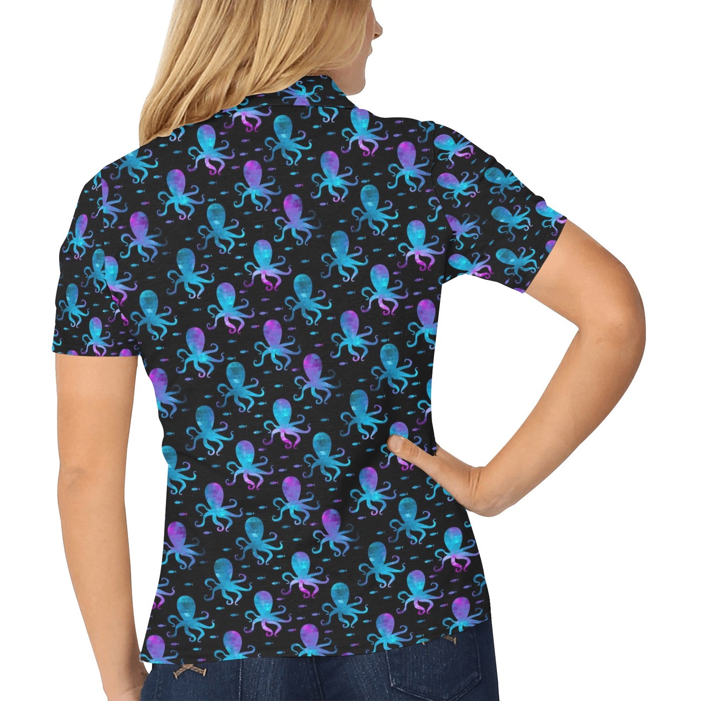 Octopus Blue Design Print Themed Women's Polo Shirt