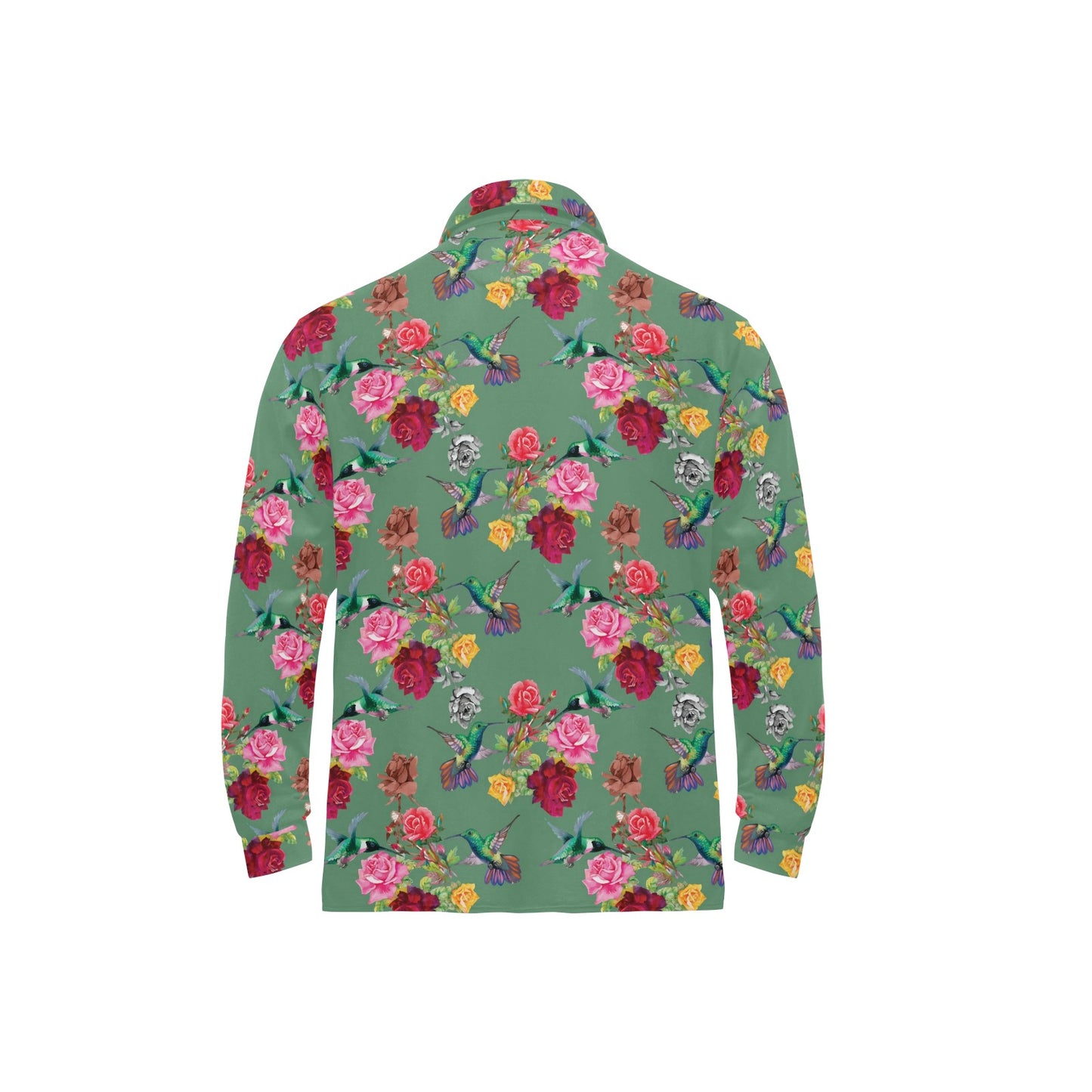 Hummingbird with Rose Themed Print Long Sleeve Polo Shirt For Men's