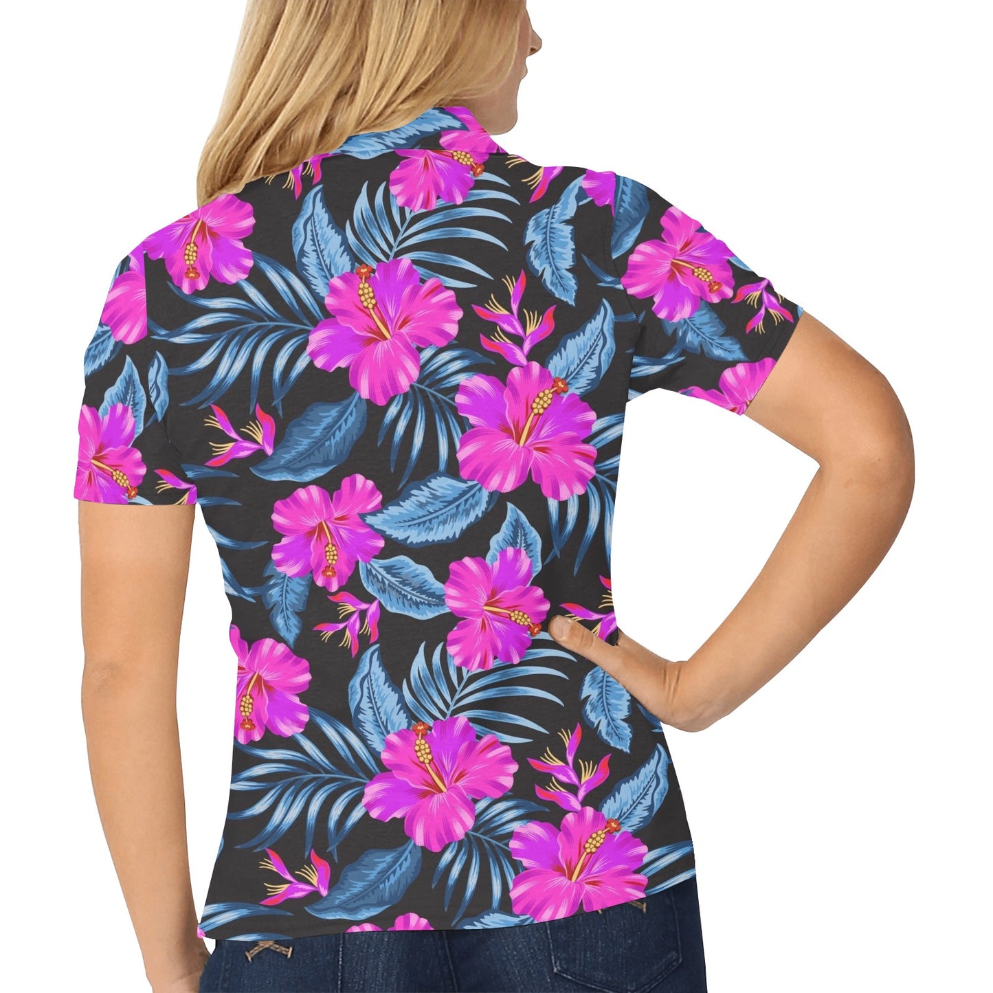 Neon Pink Hibiscus Pattern Print Design HB015 Women's Polo Shirt