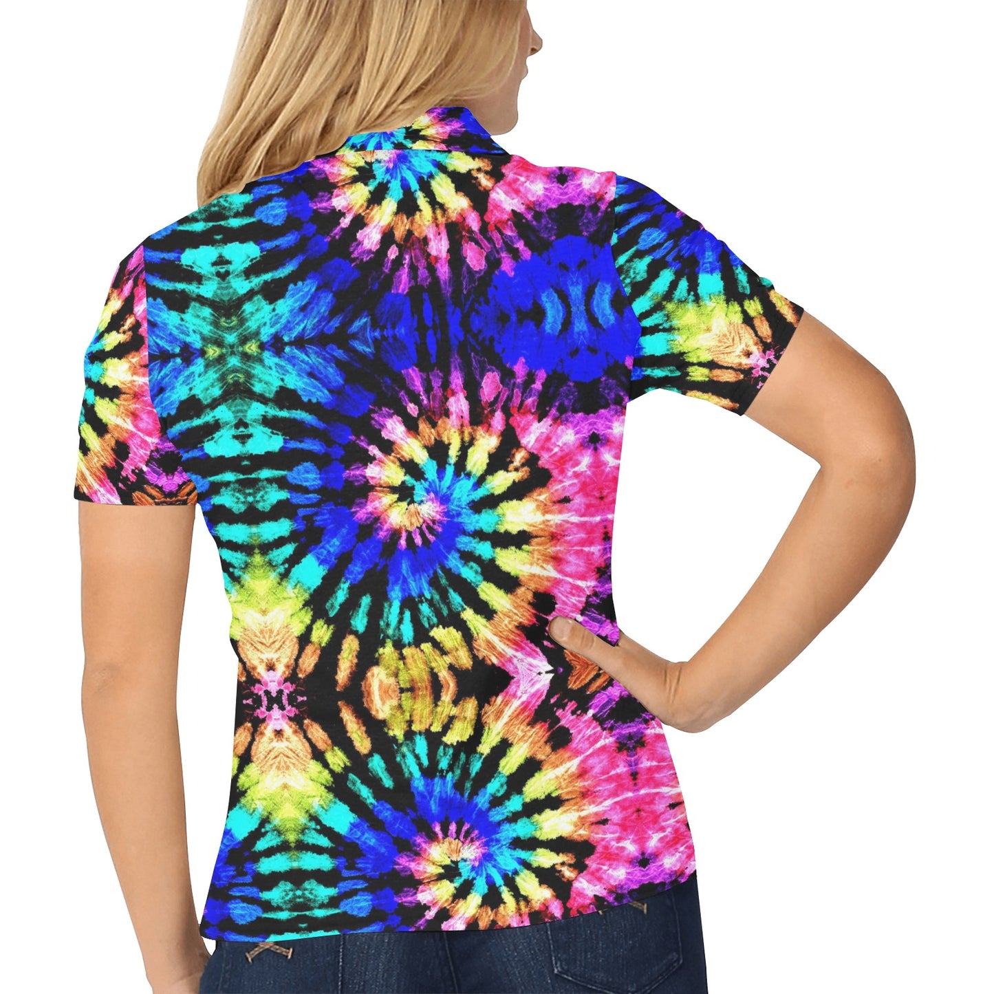 Tie Dye Rainbow Design Print Women's Polo Shirt