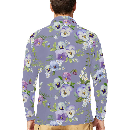 Pansy Pattern Print Design PS05 Long Sleeve Polo Shirt For Men's