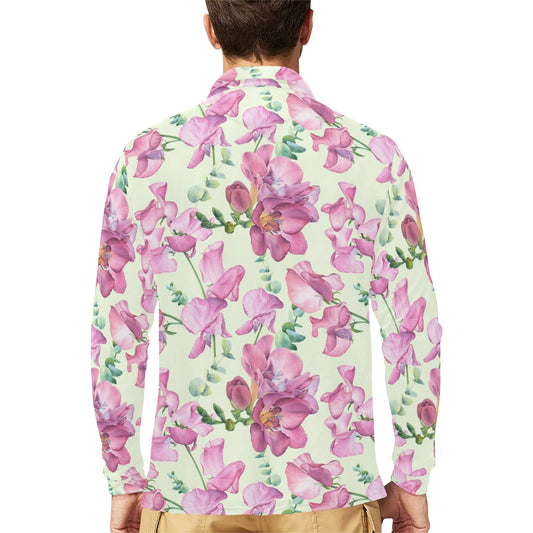 Peony Pattern Print Design PE011 Long Sleeve Polo Shirt For Men's