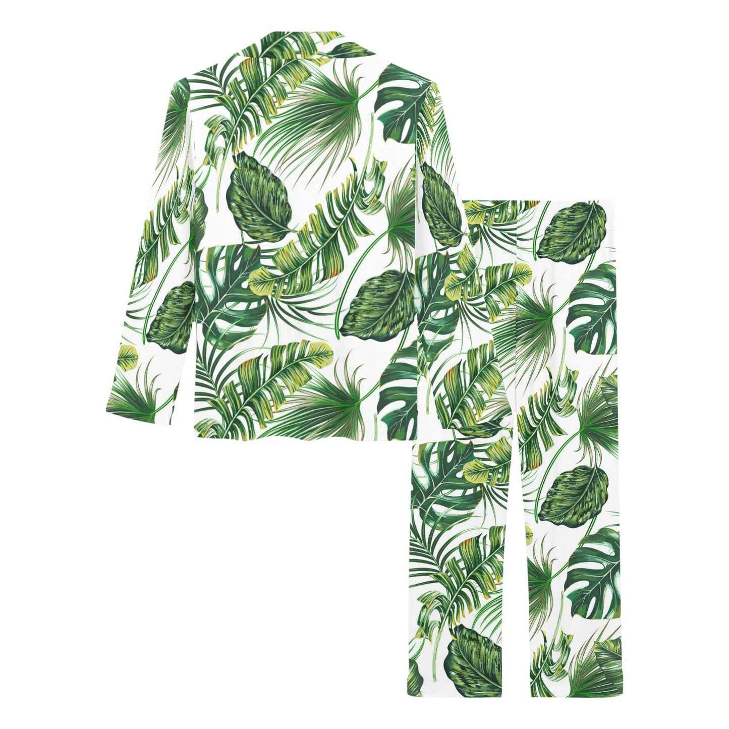 Green Pattern Tropical Palm Leaves Women's Long Pajama Set