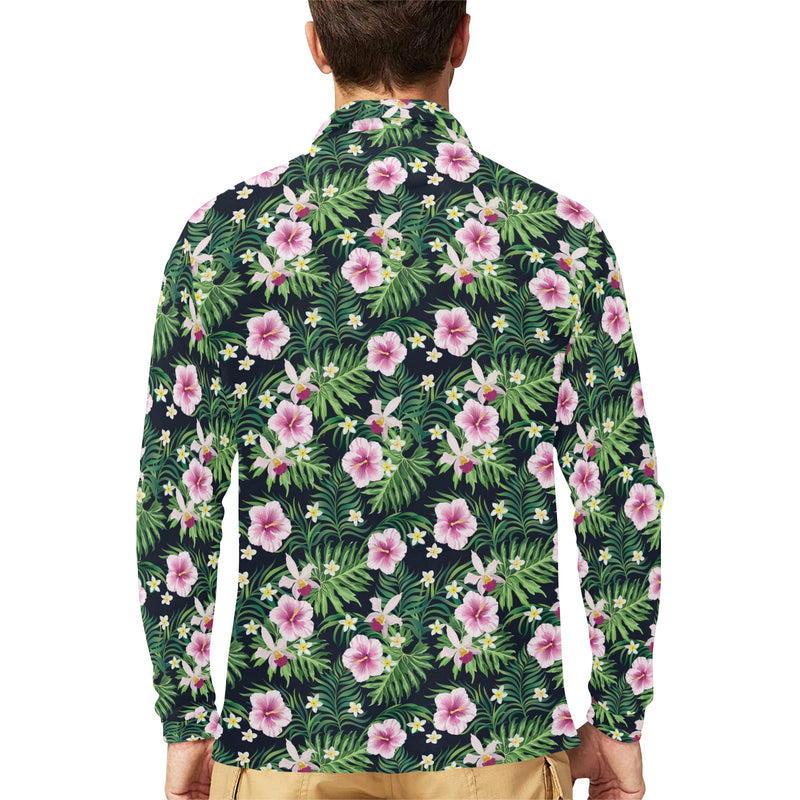 Hibiscus Tropical Print Design LKS309 Long Sleeve Polo Shirt For Men's