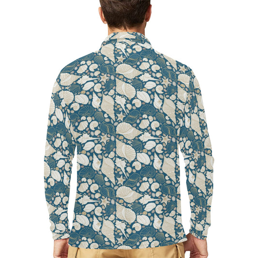 Seashell Print Design LKS308 Long Sleeve Polo Shirt For Men's
