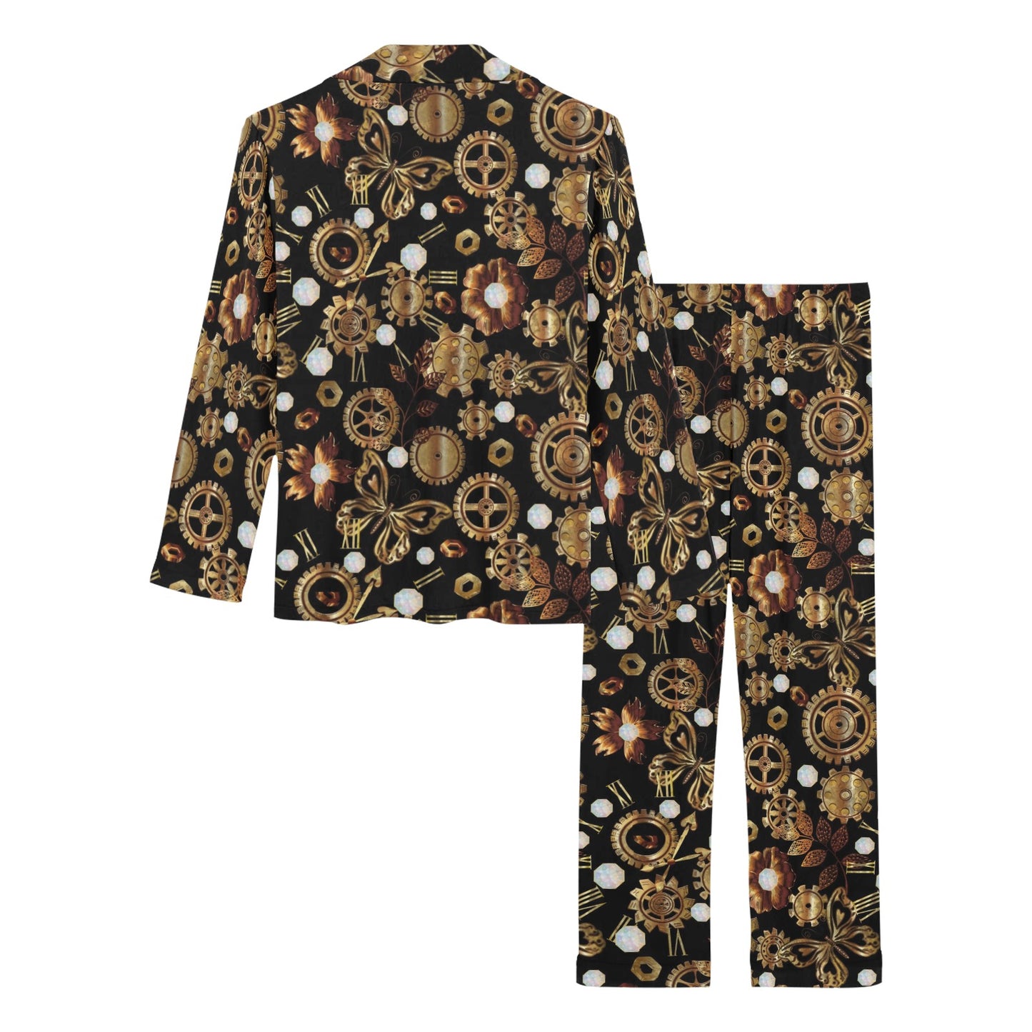 Steampunk Butterfly Design Themed Print Women's Long Pajama Set