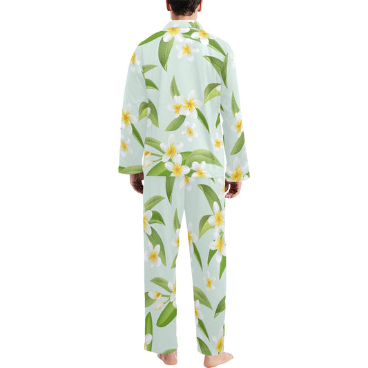 Yellow Plumeria Pattern Print Design PM024 Men's Long Pajama Set