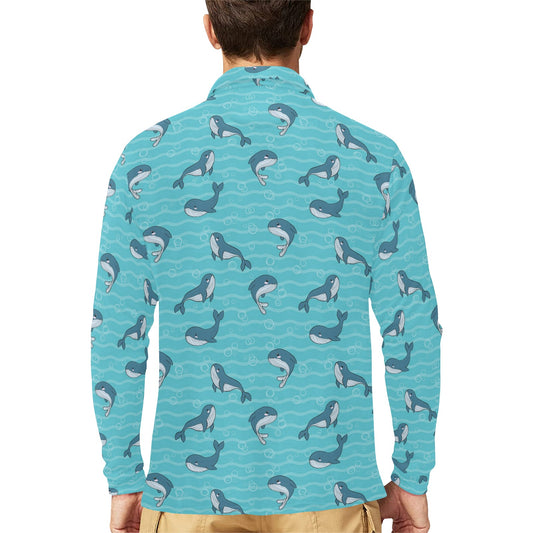 Whale Print Design LKS303 Long Sleeve Polo Shirt For Men's