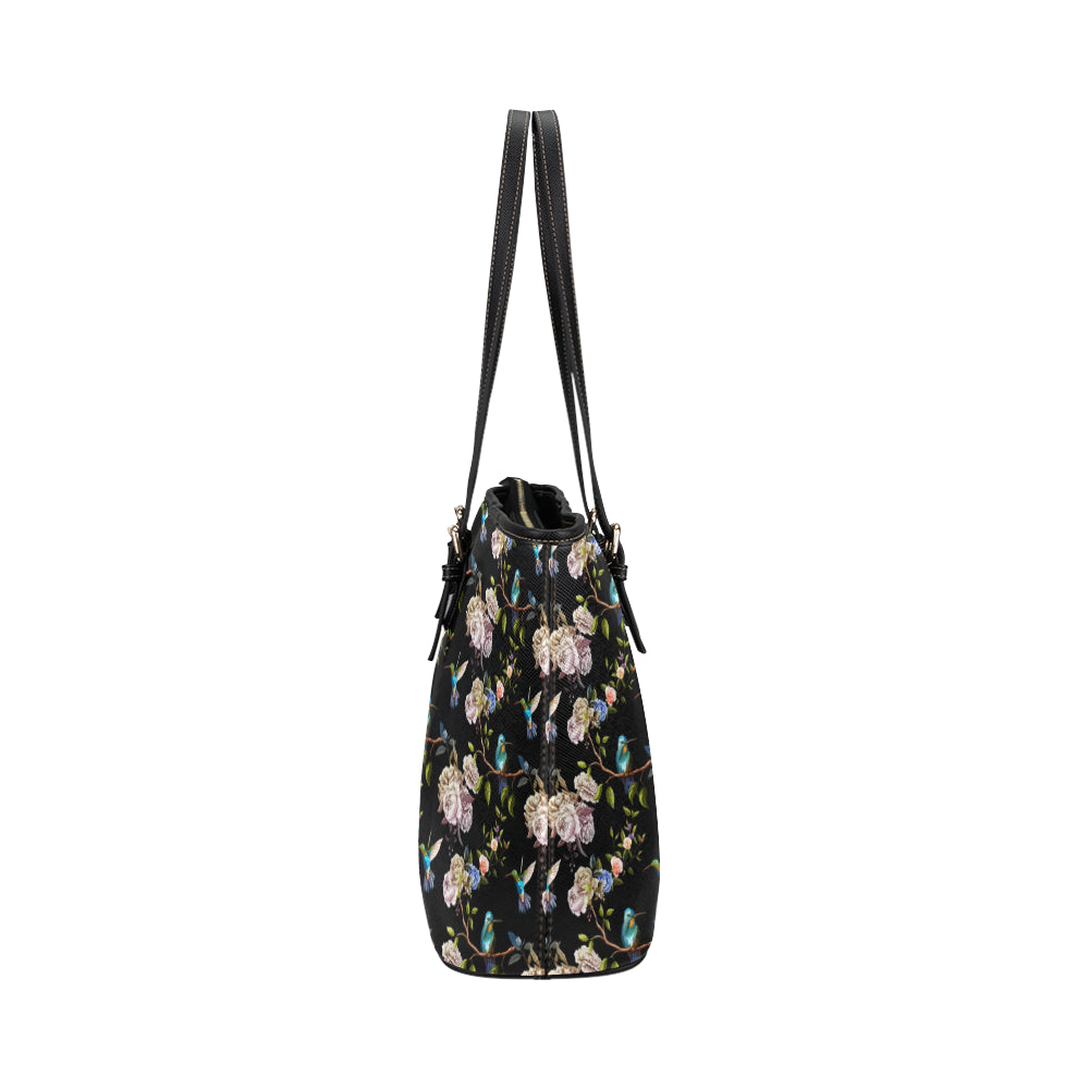 Hummingbird Flower Themed Print Leather Tote Bag