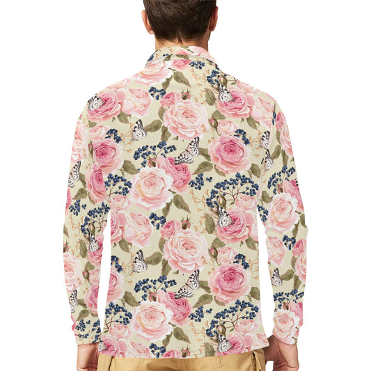 Floral Pink Butterfly Print Long Sleeve Polo Shirt For Men's