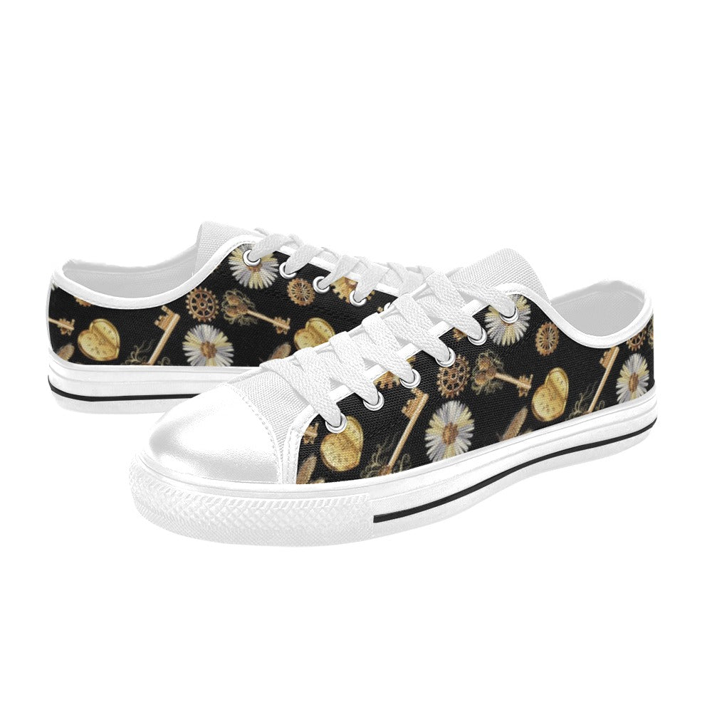 Steampunk Key Dragonfly Print Design LKS303 Women's White Low Top Shoes