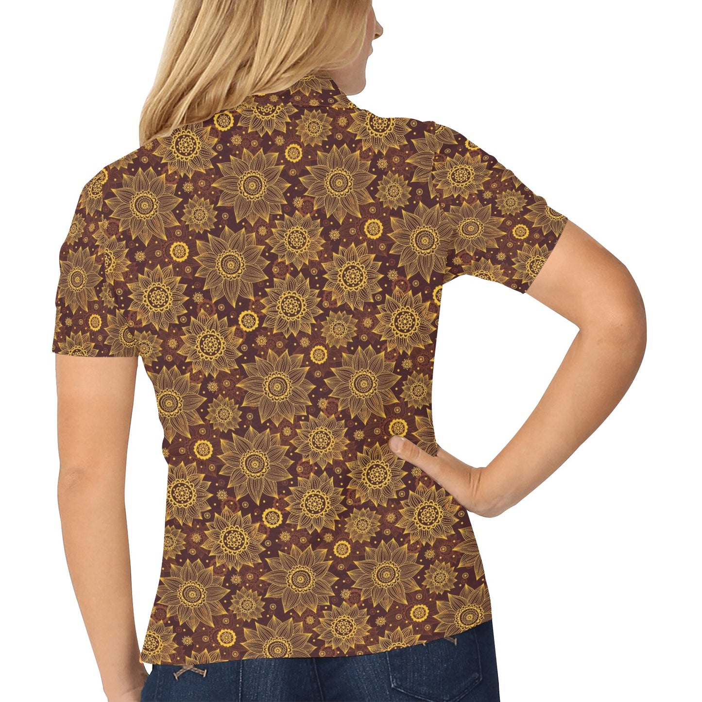 Gold Sunflower Hand Drawn Print Women's Polo Shirt