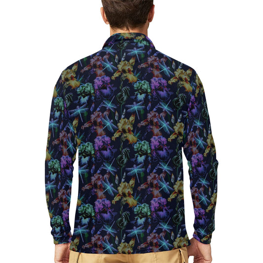 Dragonfly With Floral Print Pattern Long Sleeve Polo Shirt For Men's