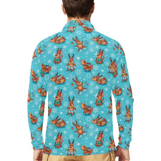 Reindeer Print Design LKS402 Long Sleeve Polo Shirt For Men's