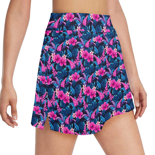 Tropical Folower Pink Themed Print 17" Golf & Pickleball Skort with Pockets