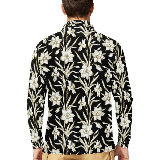 Daffodils Pattern Print Design DF06 Long Sleeve Polo Shirt For Men's