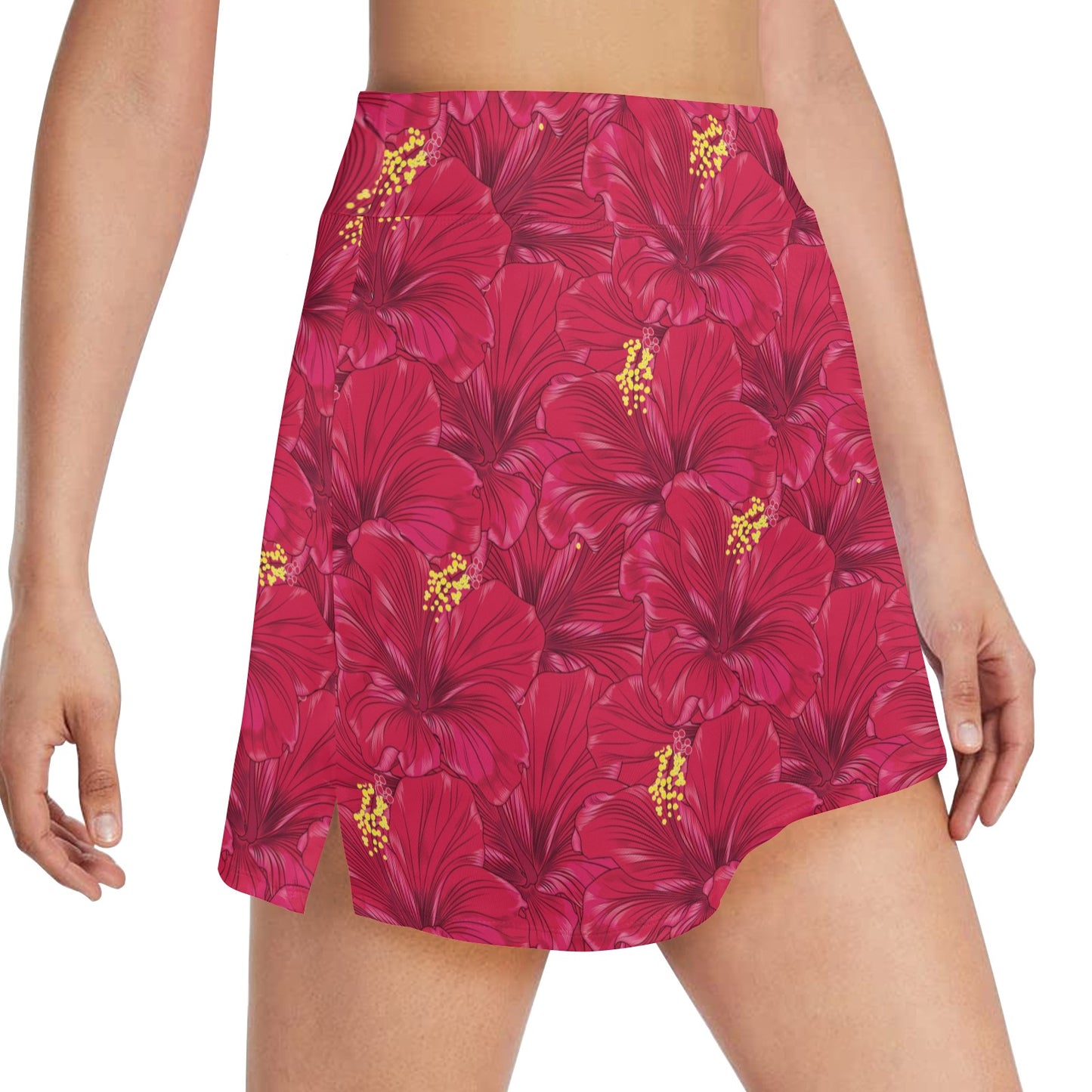 Hibiscus Red Pattern Print LKS308 Women's Golf Skirt with Pocket