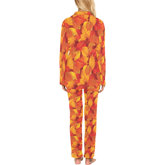 Elm Leave Autum Print Pattern Women's Long Pajama Set