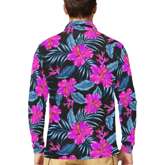 Neon Pink Hibiscus Pattern Print Design HB015 Long Sleeve Polo Shirt For Men's