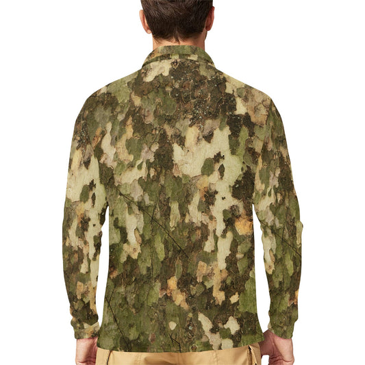 Camo Realistic Tree Texture Print Long Sleeve Polo Shirt For Men's