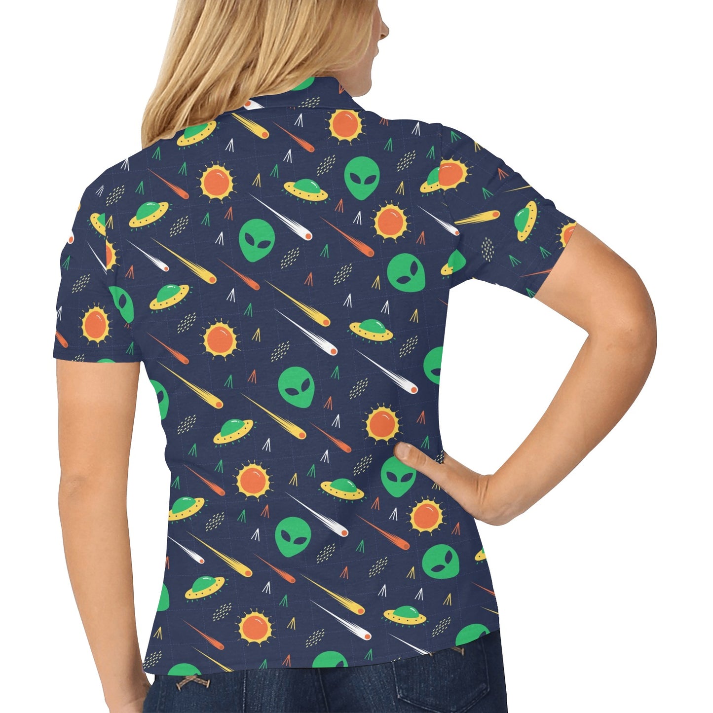Alien UFO Pattern Print Design 05 Women's Polo Shirt