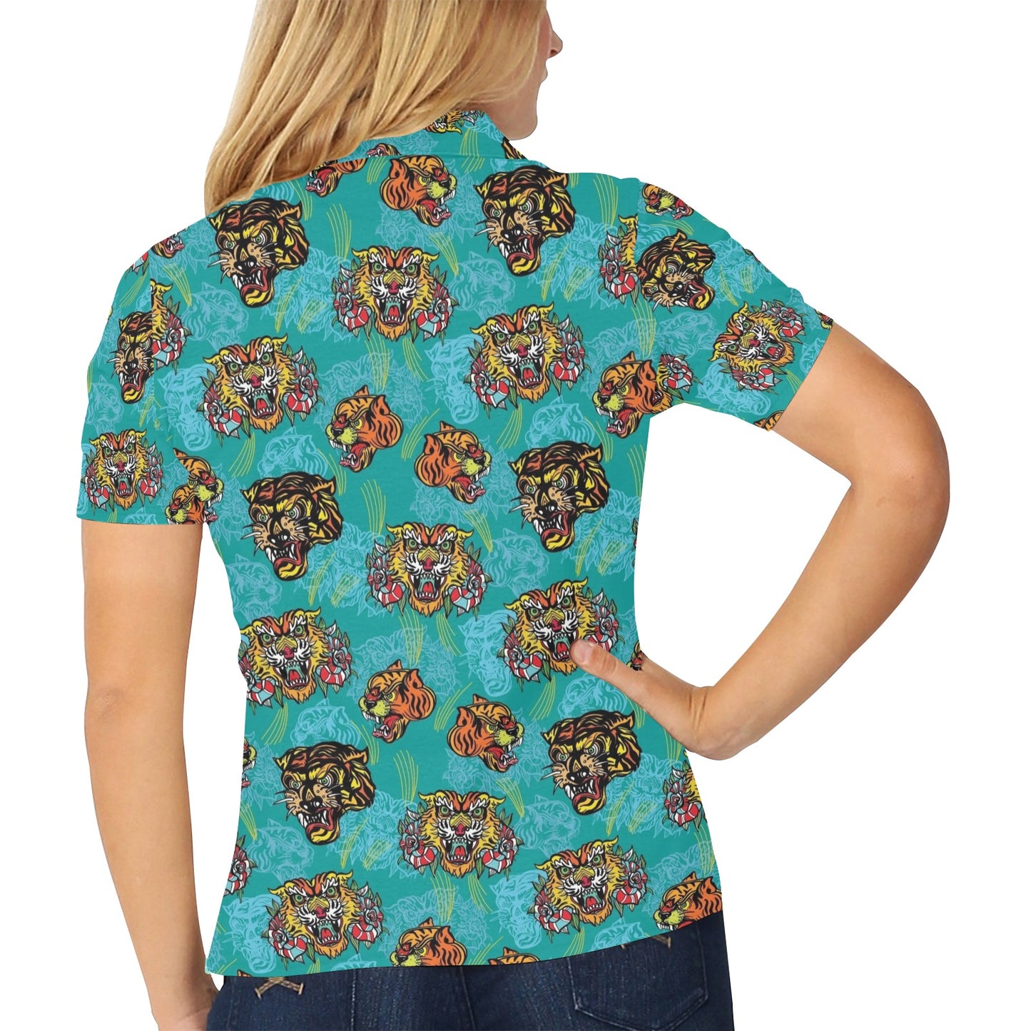 Tattoo Tiger Head Print Design LKS304 Women's Polo Shirt
