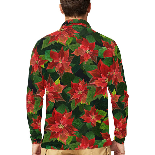 Poinsettia Pattern Print Design POT04 Long Sleeve Polo Shirt For Men's