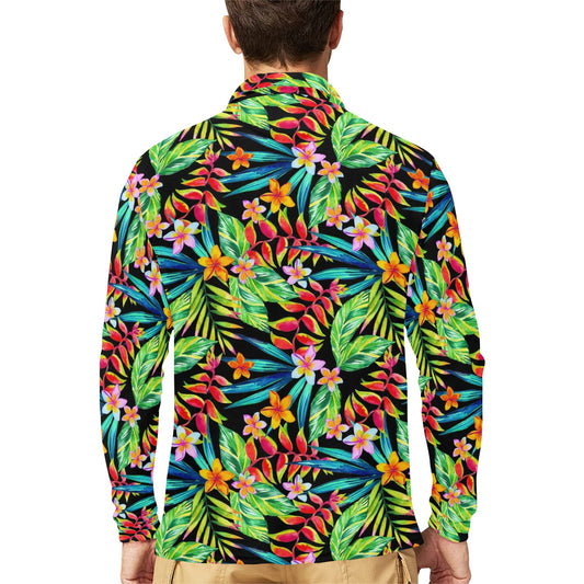 Heliconia Pattern Print Design HL09 Long Sleeve Polo Shirt For Men's