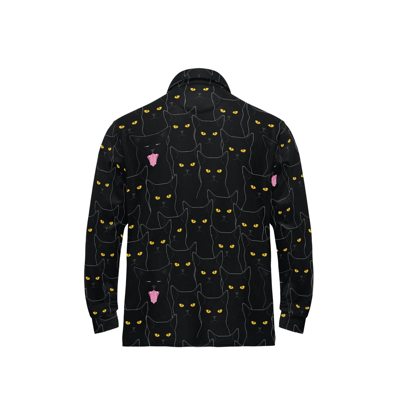 Black Cat Yellow Eyes Print Pattern Long Sleeve Polo Shirt For Men's