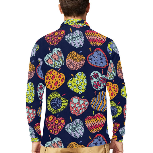 Apple Pattern Print Design AP05 Long Sleeve Polo Shirt For Men's