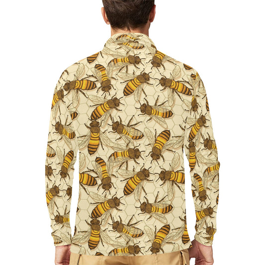 Bee Pattern Print Design BEE05 Long Sleeve Polo Shirt For Men's