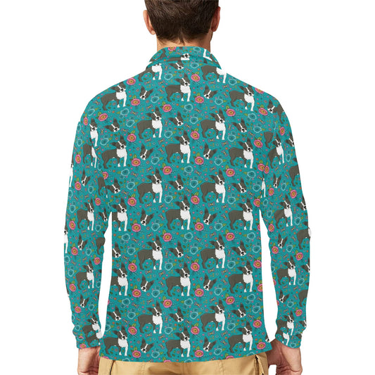 Boston Terrier Pattern Print Design 07 Long Sleeve Polo Shirt For Men's