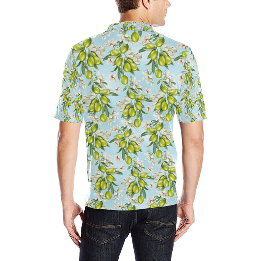 Elegant Olive Floral Print Men Polo Shirt