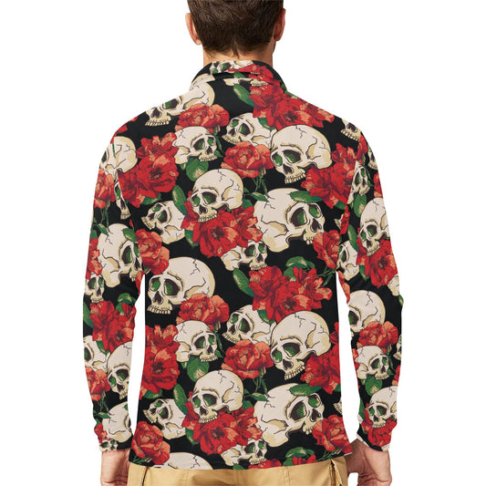 Skull Red Rose Long Sleeve Polo Shirt For Men's