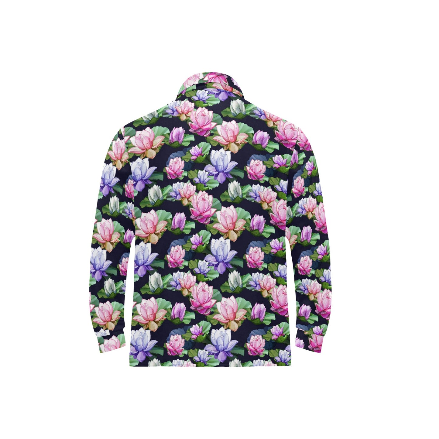 Lotus Flower Print Design Long Sleeve Polo Shirt For Men's
