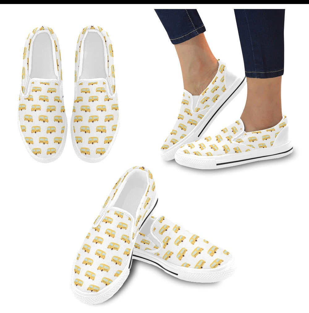 School Bus Print Design LKS306 White Slip Ons Canvas Women's Shoes
