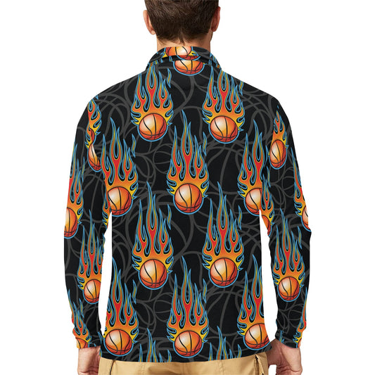 Basketball Fire Print Pattern Long Sleeve Polo Shirt For Men's