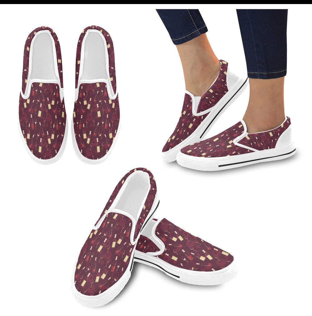 Wine Themed Print Design LKS302 White Slip Ons Canvas Women's Shoes