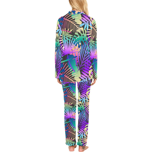 Neon Flower Tropical Palm Leaves Women's Long Pajama Set