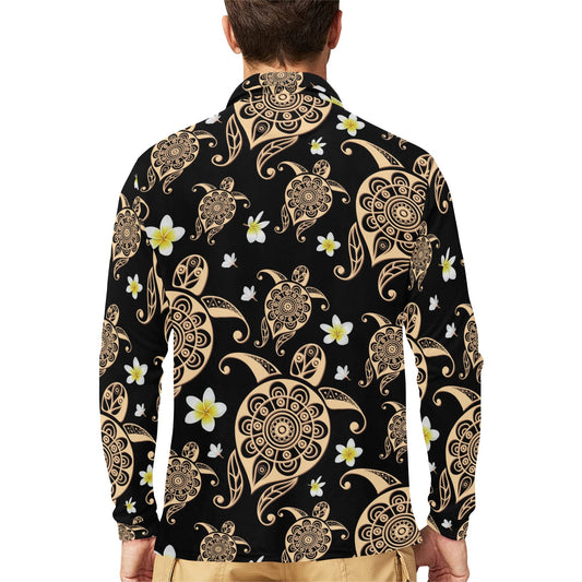 Turtle Polynesian Tribal Hawaiian Long Sleeve Polo Shirt For Men's