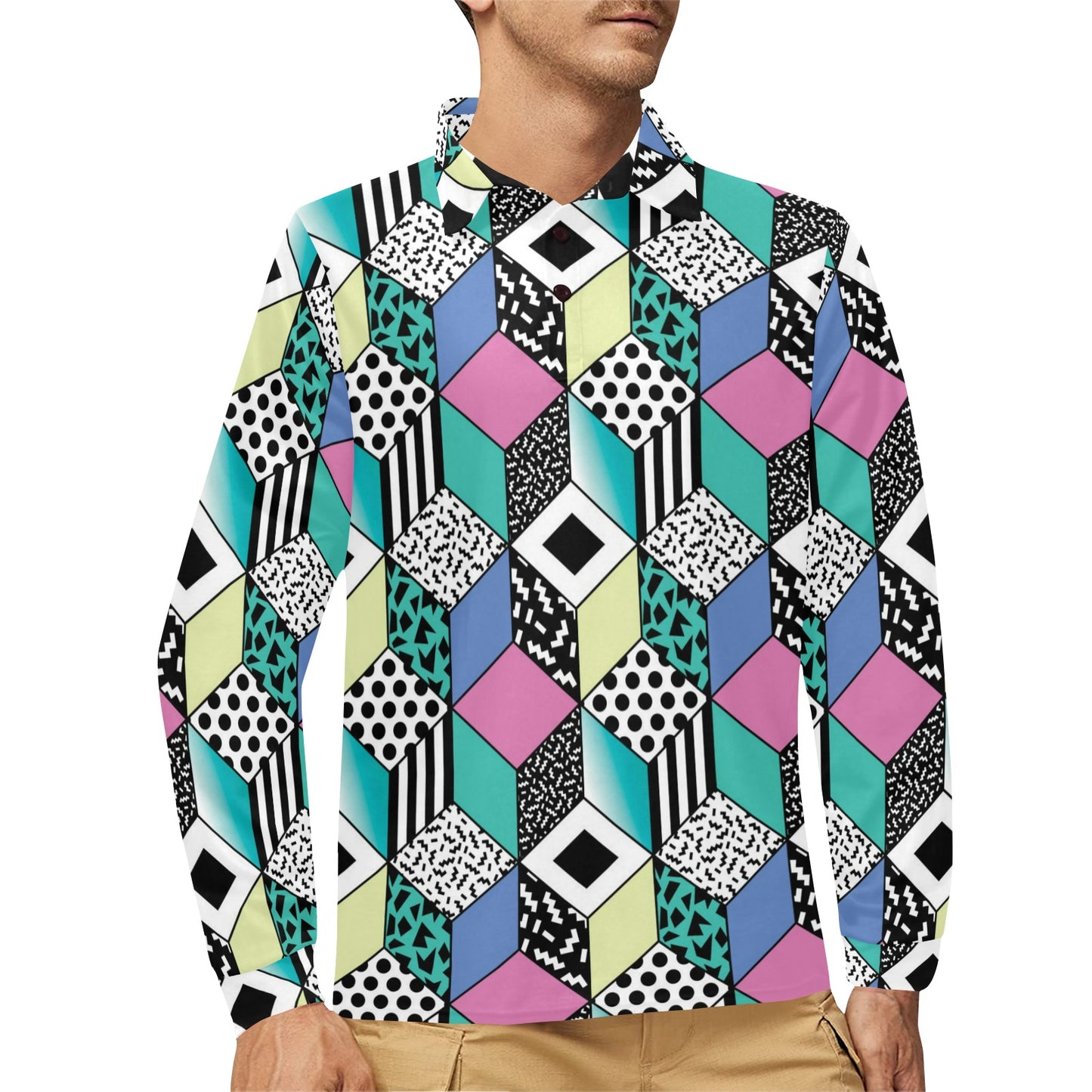 90s Pattern Print Design 3 Long Sleeve Polo Shirt For Men's