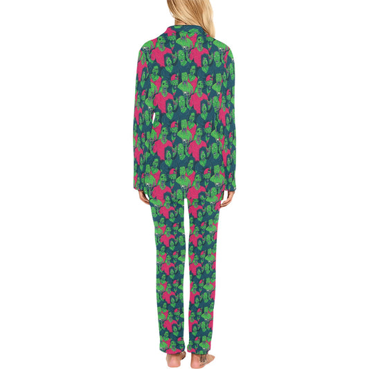 Zombie Themed Design Pattern Print Women's Long Pajama Set