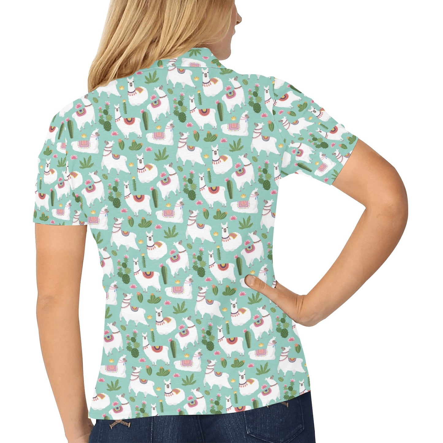 Llama with Cactus Themed Print Women's Polo Shirt
