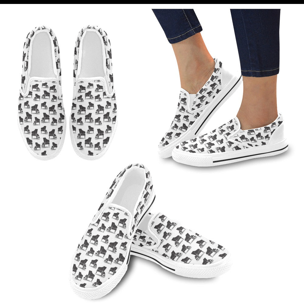 Piano Print Design LKS401 White Slip Ons Canvas Women's Shoes