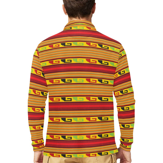 Mexican Blanket Ornament Print Pattern Long Sleeve Polo Shirt For Men's
