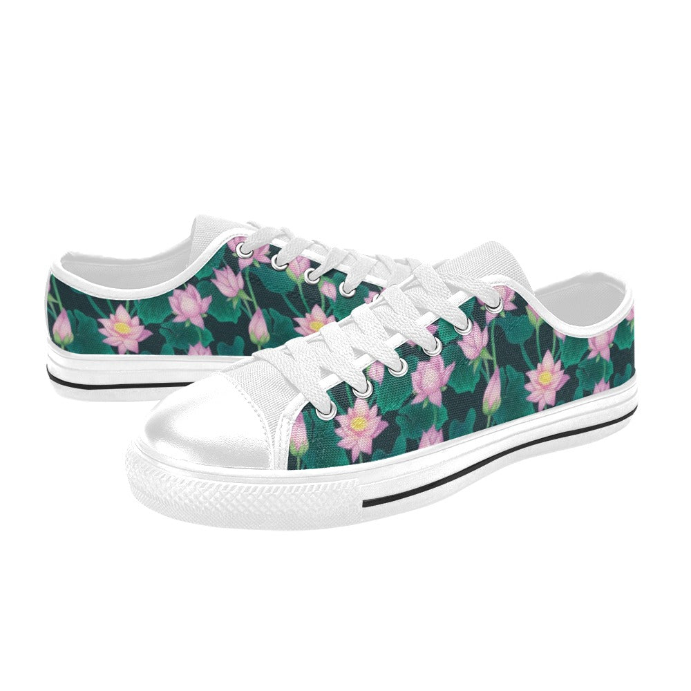 Water Lily Print Design LKS302 Women's White Low Top Shoes