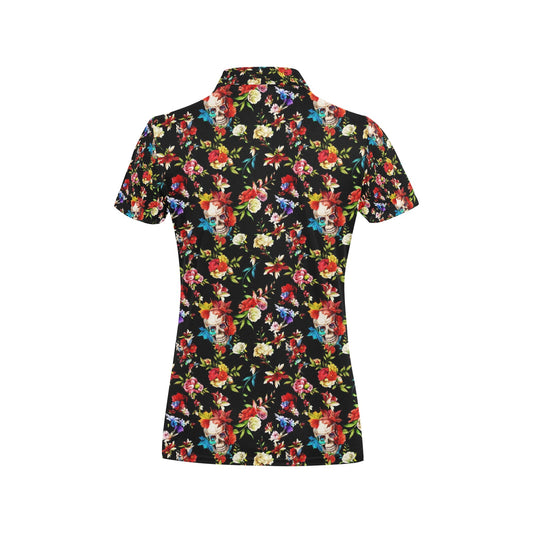 Skull Roses Flower Design Themed Print Women's Polo Shirt